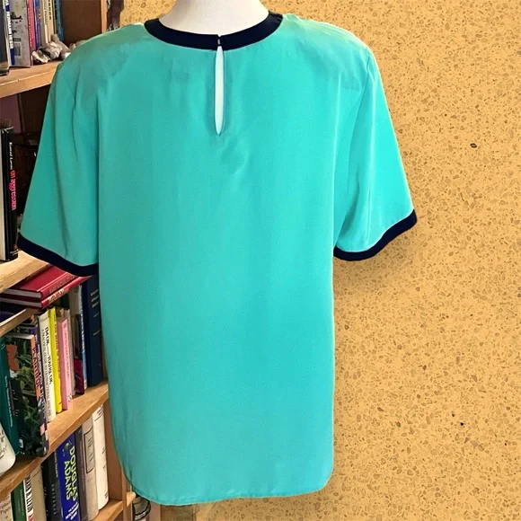 VTG 90s Turquoise and Navy Button Neck Closure Polyester Top | S - Picture 3 of 7